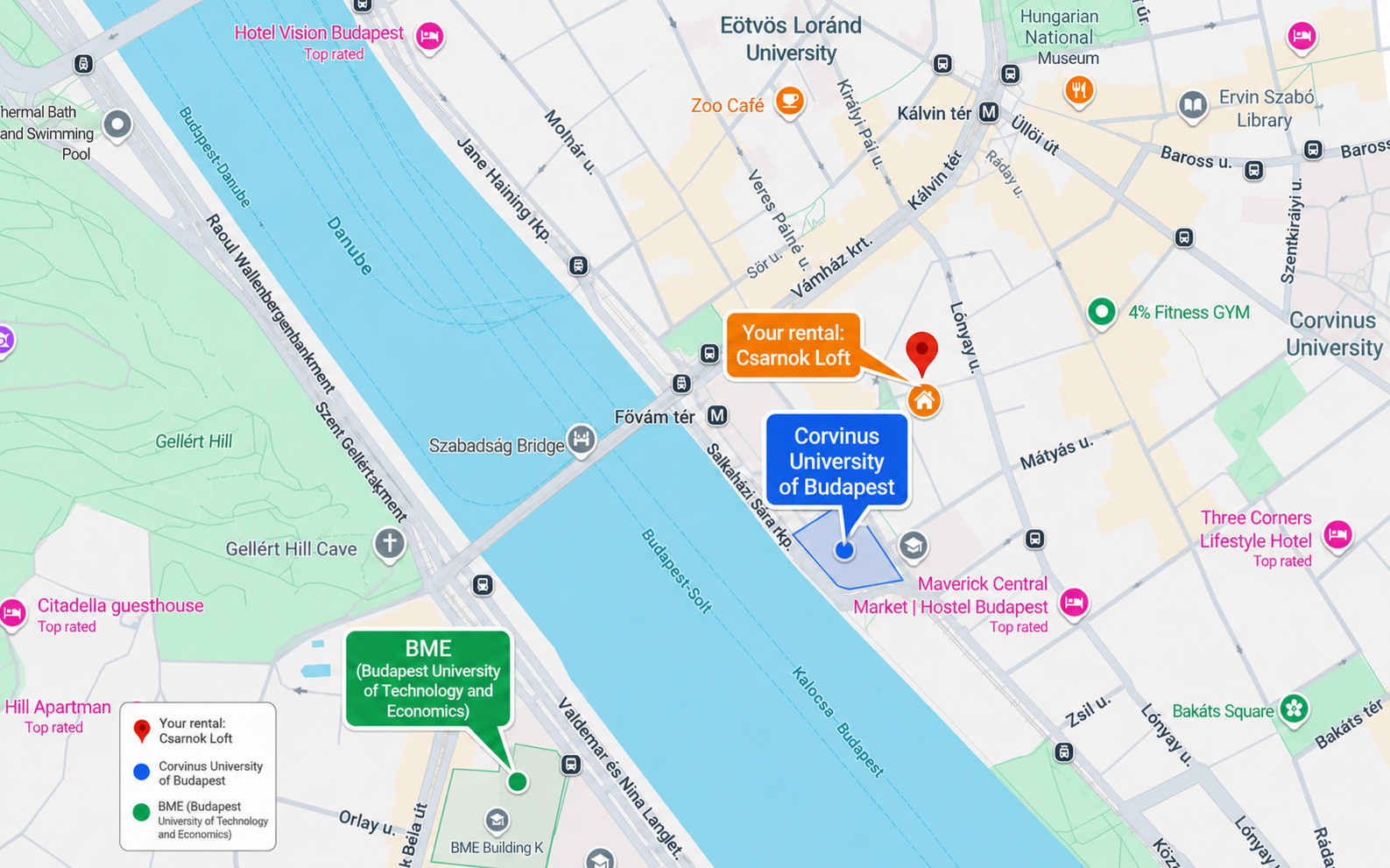 Map showing Csarnok Loft near Corvinus University and BME